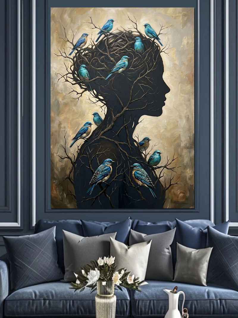 Dal Ve Kuşlardan Oluşan Kadın Silüeti Kanvas Tablo