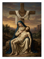 Çarmıh önünde oturan Meryem Ana ve İsa Pieta dini tablo.