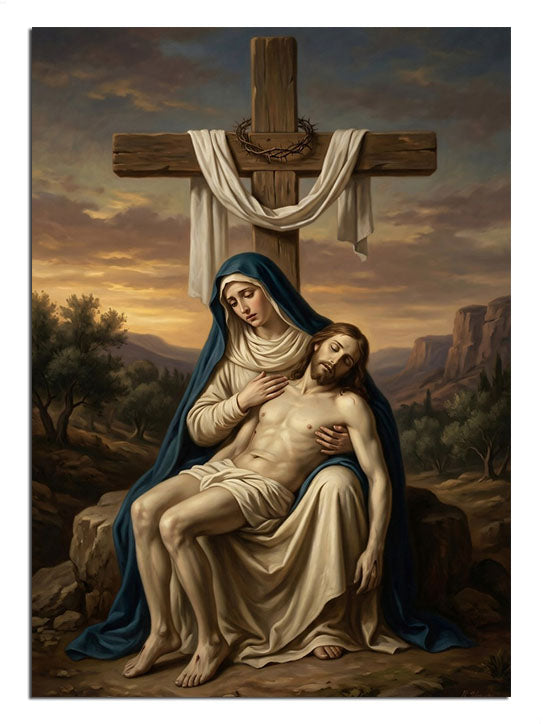 Çarmıh önünde oturan Meryem Ana ve İsa Pieta dini tablo.