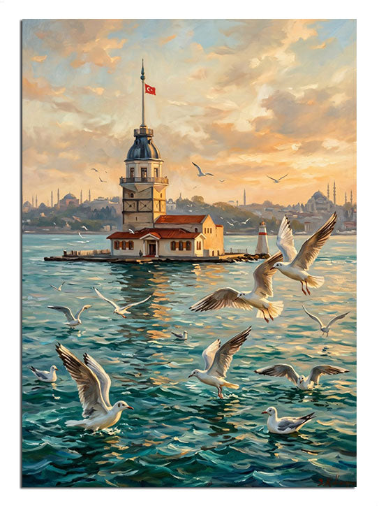 Martılar arasında Kız Kulesi ve gün batımı İstanbul manzarası tablosu.