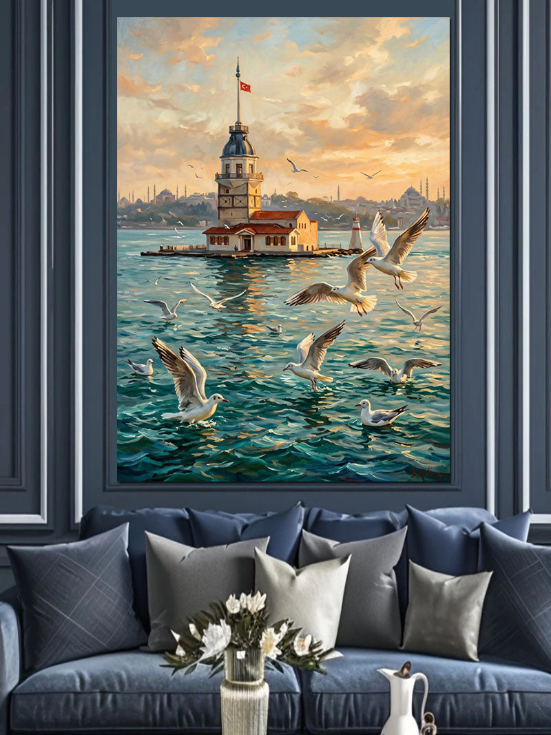 Kız Kulesi Martılar Ve Gün Batımı İstanbul Kanvas Tablo