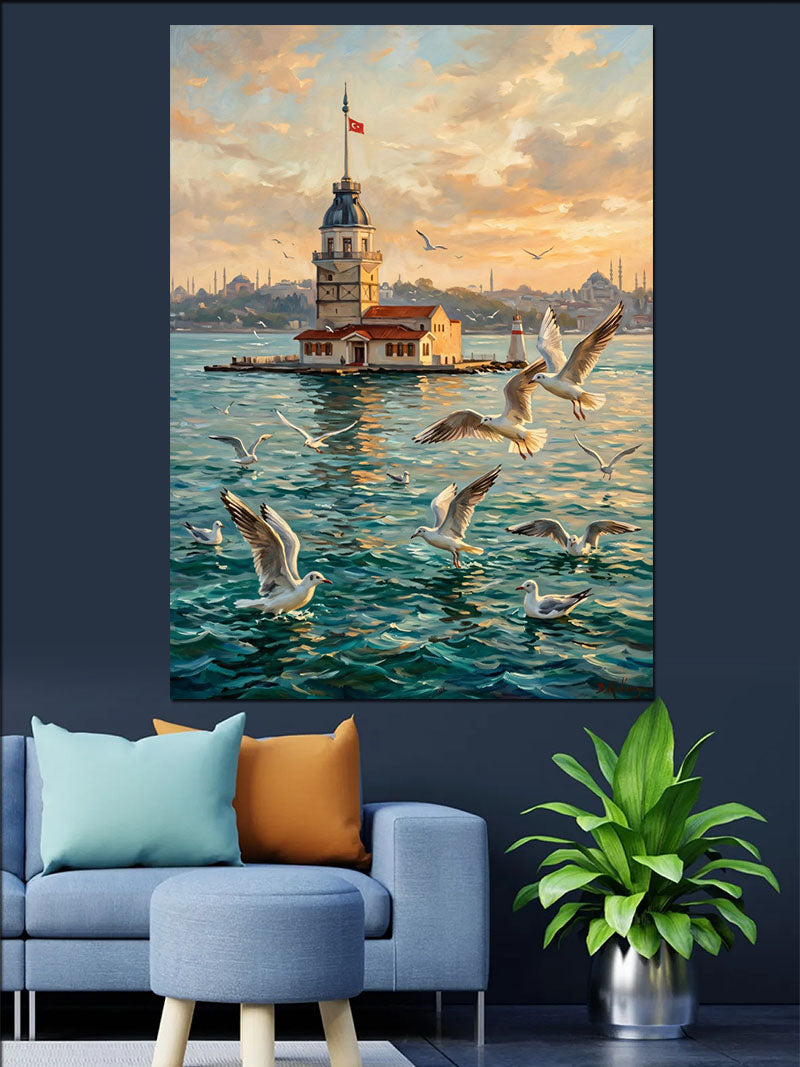 Kız Kulesi Martılar Ve Gün Batımı İstanbul Kanvas Tablo