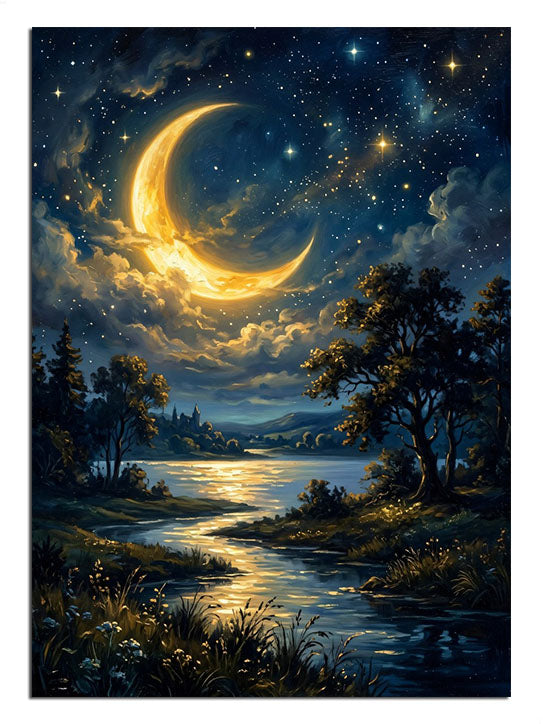 Hilal ay ve yıldızlar altında nehir ve orman gece manzarası tablosu.