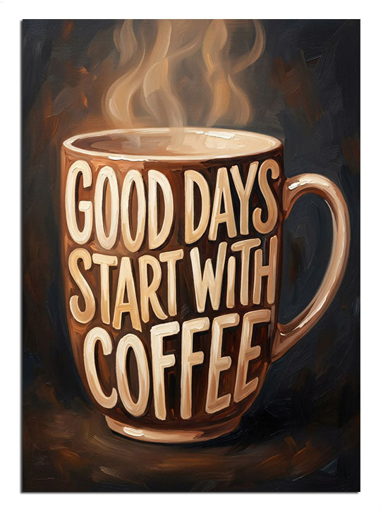 Good Days Start With Coffee yazılı dumanlı kahve kupası tablo.