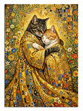 Altın elbiseli birbirine sarılan iki kedi Klimt tarzı tablo.