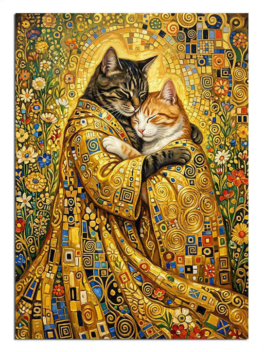 Altın elbiseli birbirine sarılan iki kedi Klimt tarzı tablo.