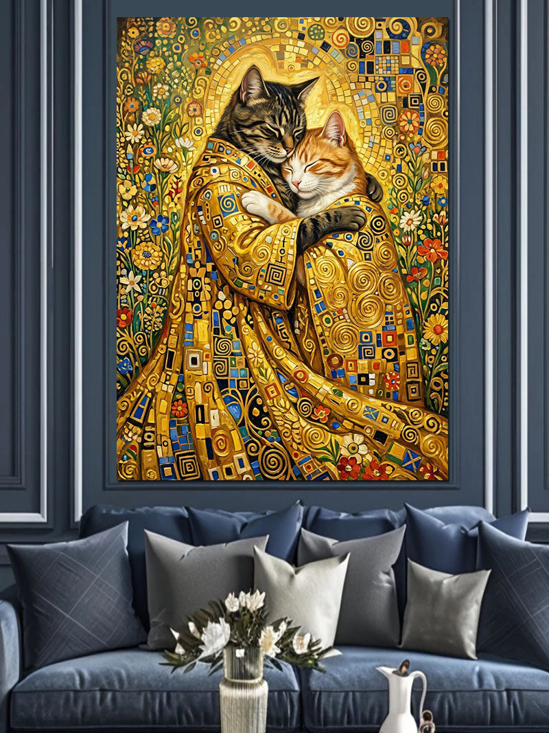 Altın Elbiseli Sarılan İki Kedi Klimt Kanvas Tablo
