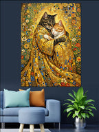 Altın Elbiseli Sarılan İki Kedi Klimt Kanvas Tablo