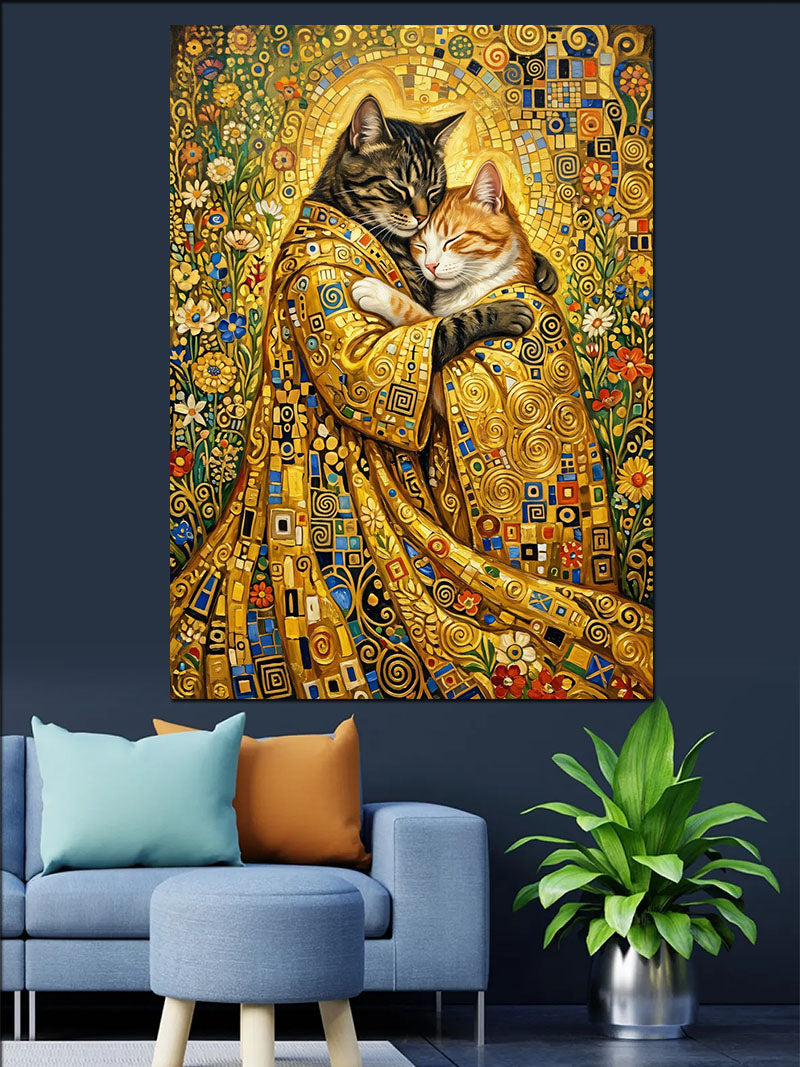 Altın Elbiseli Sarılan İki Kedi Klimt Kanvas Tablo