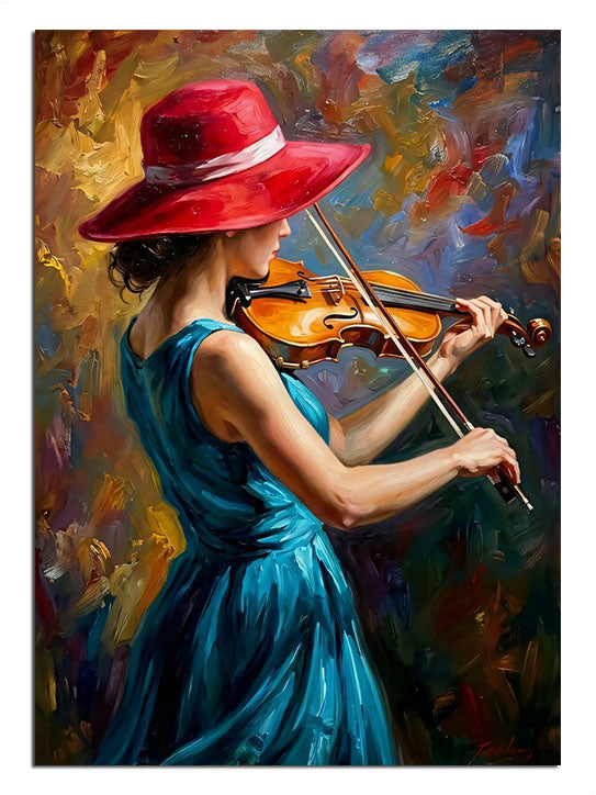 Kırmızı şapkalı ve mavi elbiseli keman çalan kadın müzik tablosu.