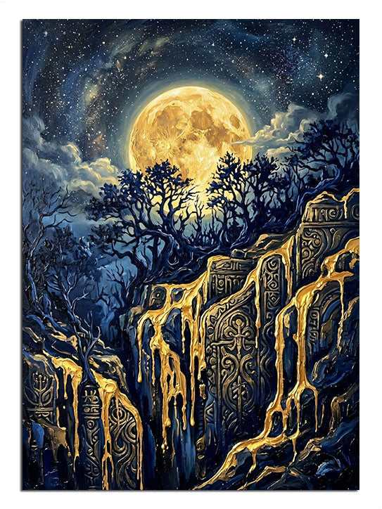 Dolunaylı gecede kayalıklar ve ağaçlar mistik gece manzarası tablosu.