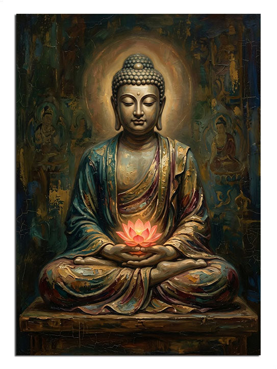 Elinde lotus çiçeği tutan meditasyon yapan Buda heykeli dini tablo.
