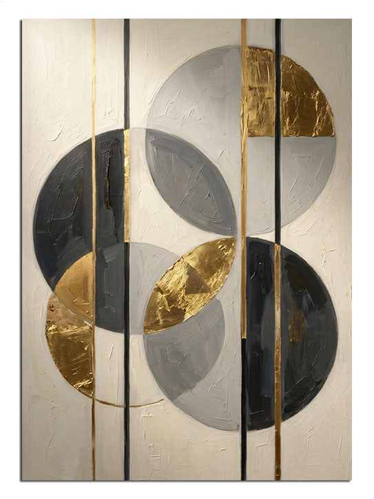 Altın ve gri geometrik kesişen daireler modern soyut tablo.