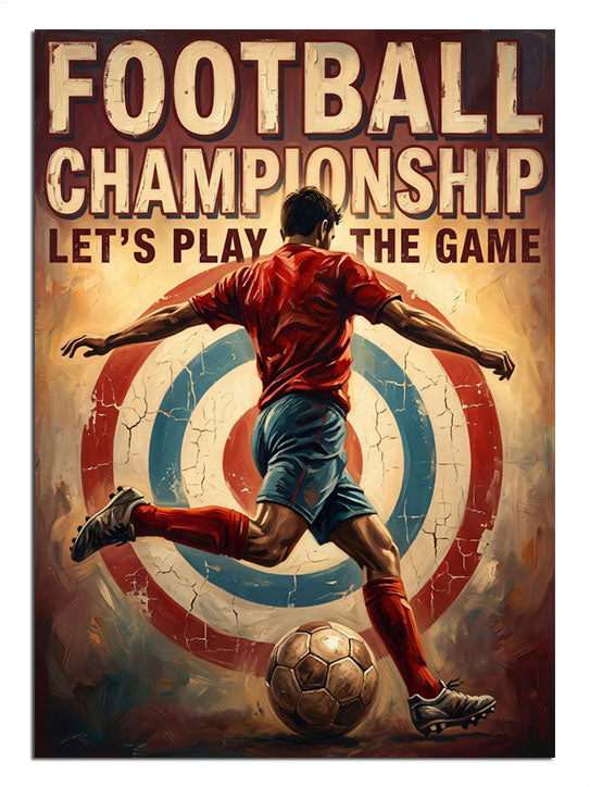 Football Championship yazılı hedefe şut atan futbolcu spor tablosu.