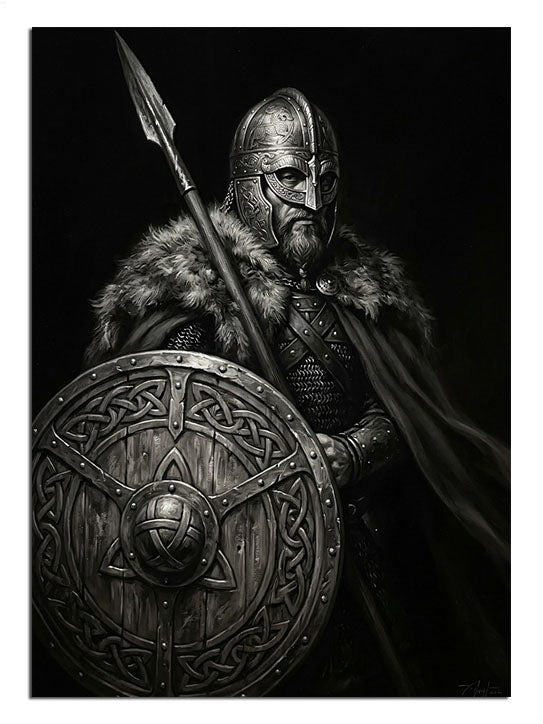 Kalkan ve mızrak tutan Viking savaşçısı karanlık portre tablo.