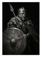 Kalkan ve mızrak tutan Viking savaşçısı karanlık portre tablo.