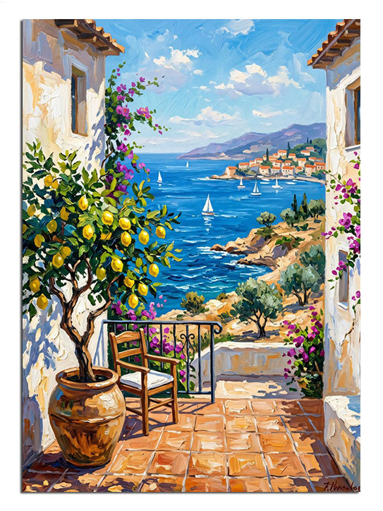 Limon ağaçlı ve deniz manzaralı balkon Akdeniz manzara tablosu.