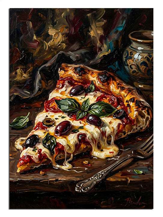 Erimiş peynirli pizza dilimi ve fesleğen mutfak tablosu.
