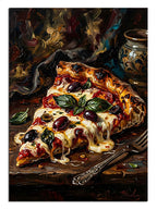 Erimiş peynirli pizza dilimi ve fesleğen mutfak tablosu.