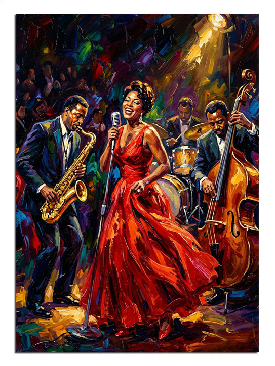 Sahnede kırmızı elbiseli caz şarkıcısı ve saksafon orkestrası müzik tablosu.