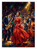 Sahnede kırmızı elbiseli caz şarkıcısı ve saksafon orkestrası müzik tablosu.
