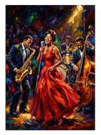 Sahnede kırmızı elbiseli caz şarkıcısı ve saksafon orkestrası müzik tablosu.