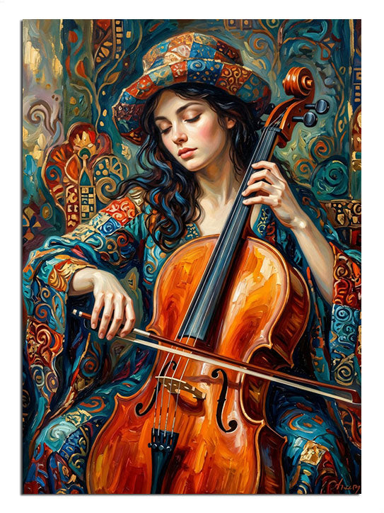 Renkli elbiseli çello çalan kadın müzisyen müzik tablosu.