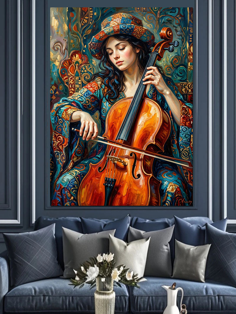 Çello Çalan Renkli Elbiseli Kadın Kanvas Tablo