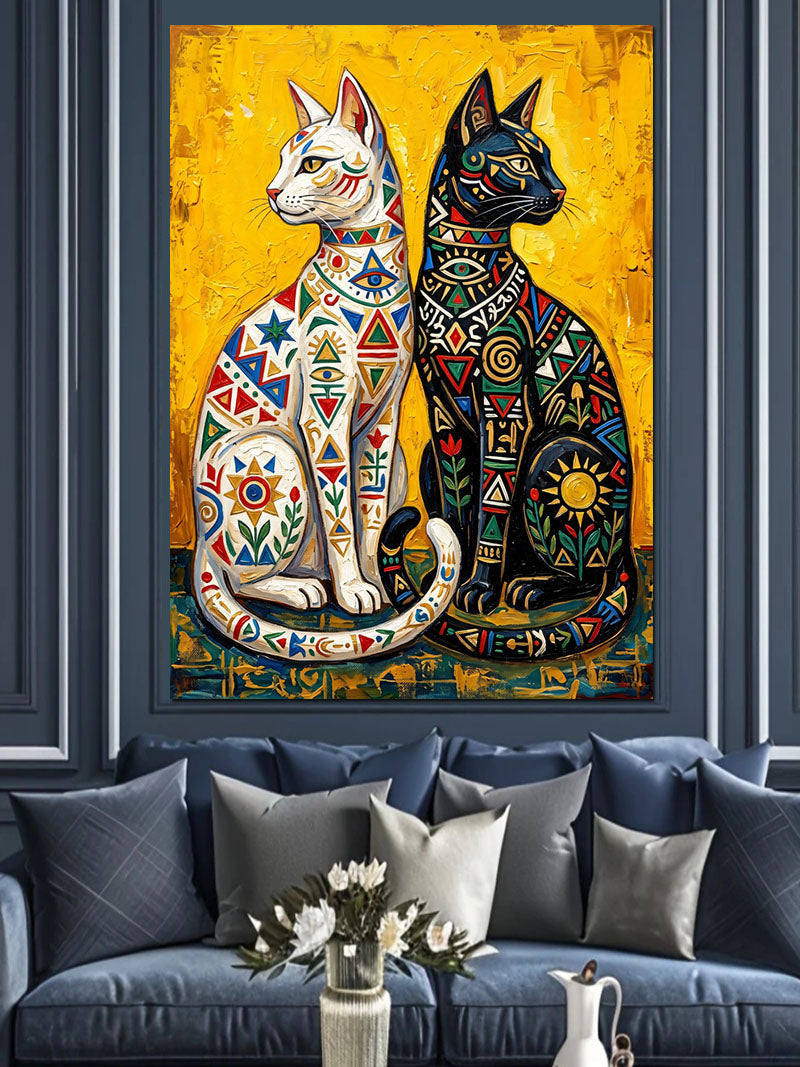 Etnik Desenli İki Kedi Yan Yana Kanvas Tablo