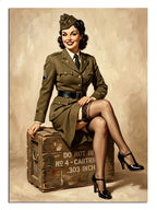Askeri sandık üstünde oturan üniformalı pin-up kadın retro tablo.