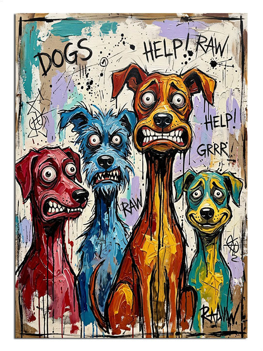 DOGS HELP! yazılı renkli havlayan 4 köpek pop-art karikatür tablosu.