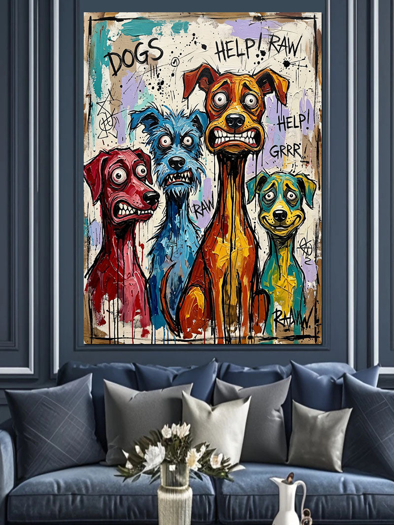 Renkli Havlayan Köpekler Karikatür Pop-Art Kanvas Tablo