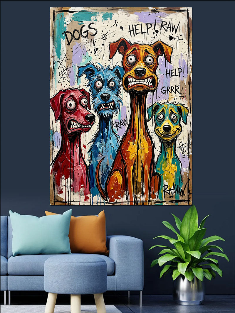 Renkli Havlayan Köpekler Karikatür Pop-Art Kanvas Tablo
