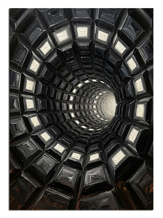 Siyah beyaz kiremitli spiral tünel optik illüzyon tablo.