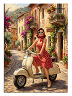 Çiçekli taş sokakta Vespa üstünde kırmızı elbiseli pin-up kız retro tablo.