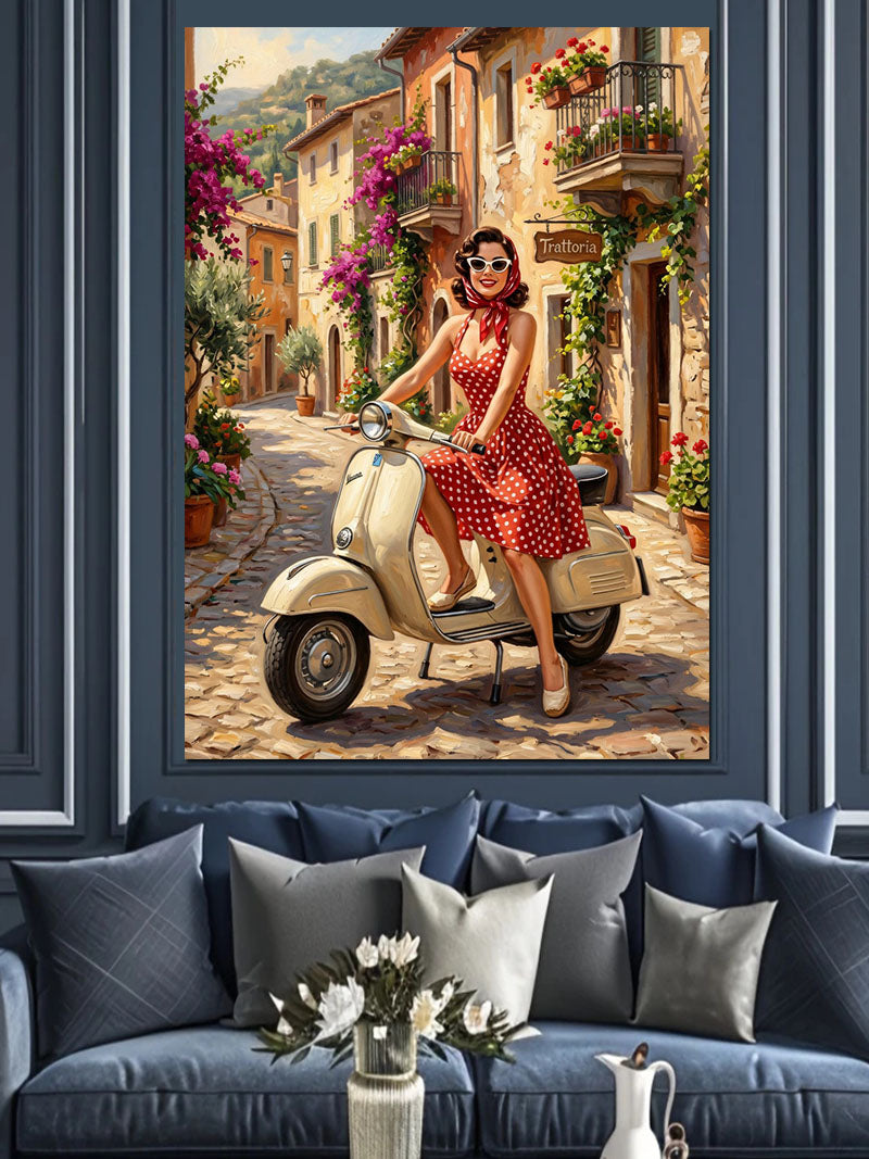 Scooter Üstünde Çiçekli Sokakta Pin-Up Kanvas Tablo