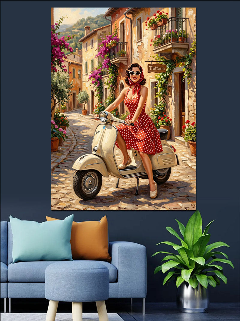 Scooter Üstünde Çiçekli Sokakta Pin-Up Kanvas Tablo