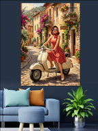 Scooter Üstünde Çiçekli Sokakta Pin-Up Kanvas Tablo