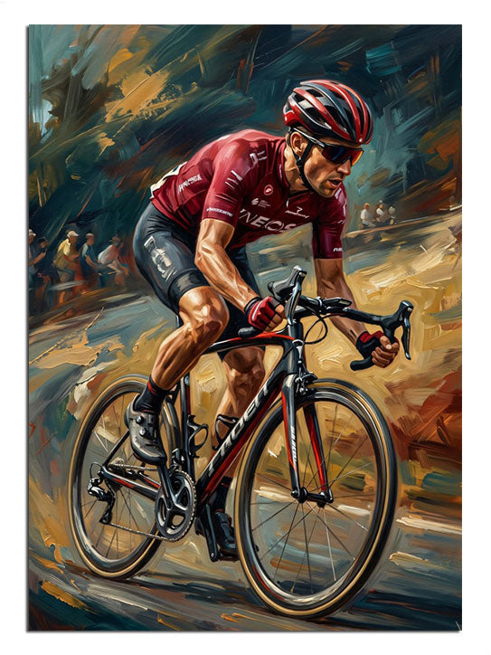 Yokuş yukarı pedal çeviren kırmızı formalı bisikletçi spor tablosu.