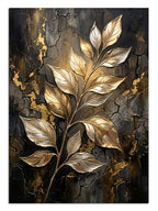 Siyah çatlak altın zeminde altın yapraklı dal lüks tablo.