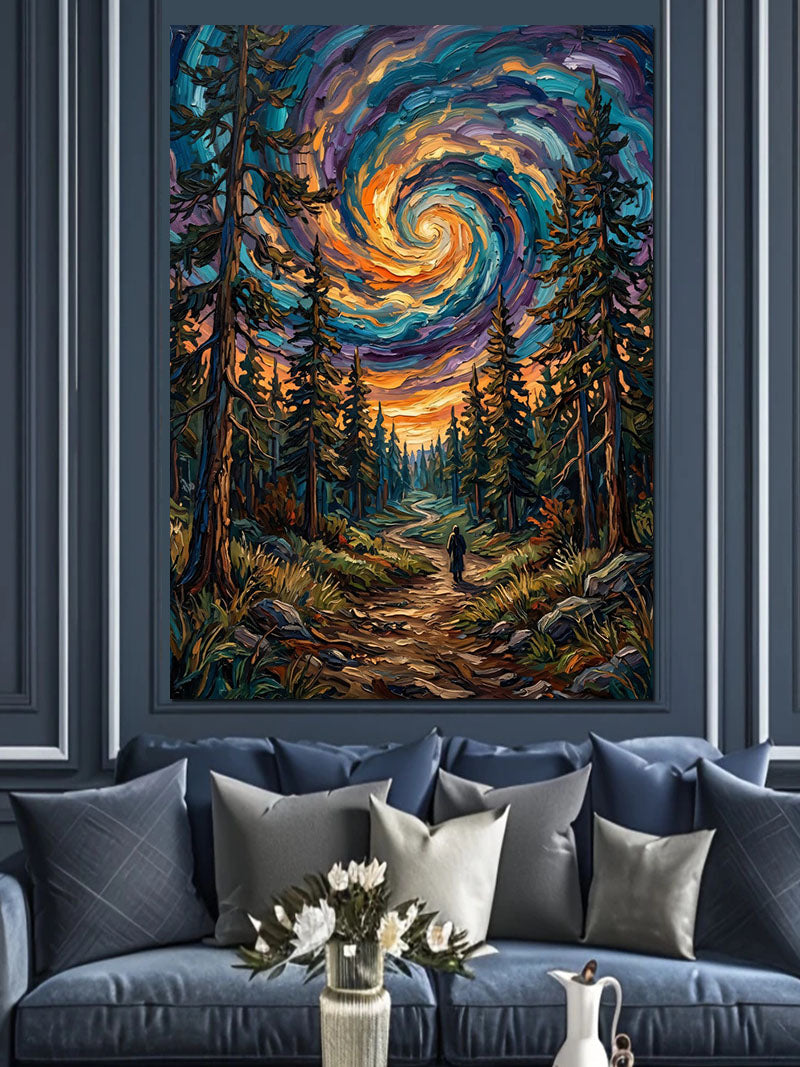 Van Gogh Tarzı Girdaplı Orman Ve Adam Kanvas Tablo