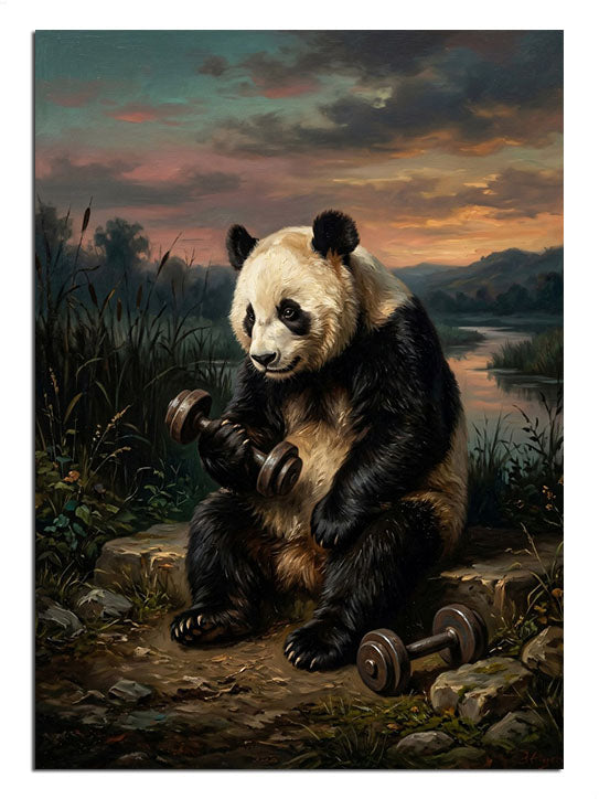 Gün batımında taş üstünde oturan üzgün panda hayvan tablosu.