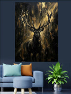 Altın Boynuzlu Siyah Geyik Gece Ormanı Kanvas Tablo