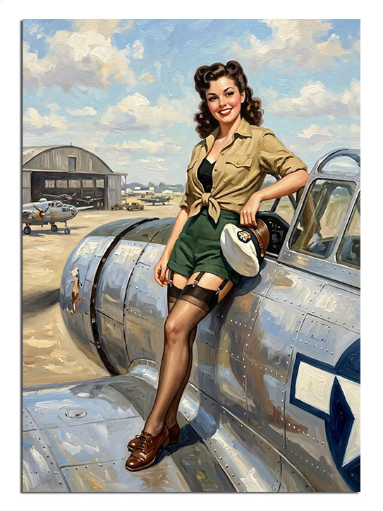 Savaş uçağı yanında poz veren yeşil etekli pin-up kız retro tablo.