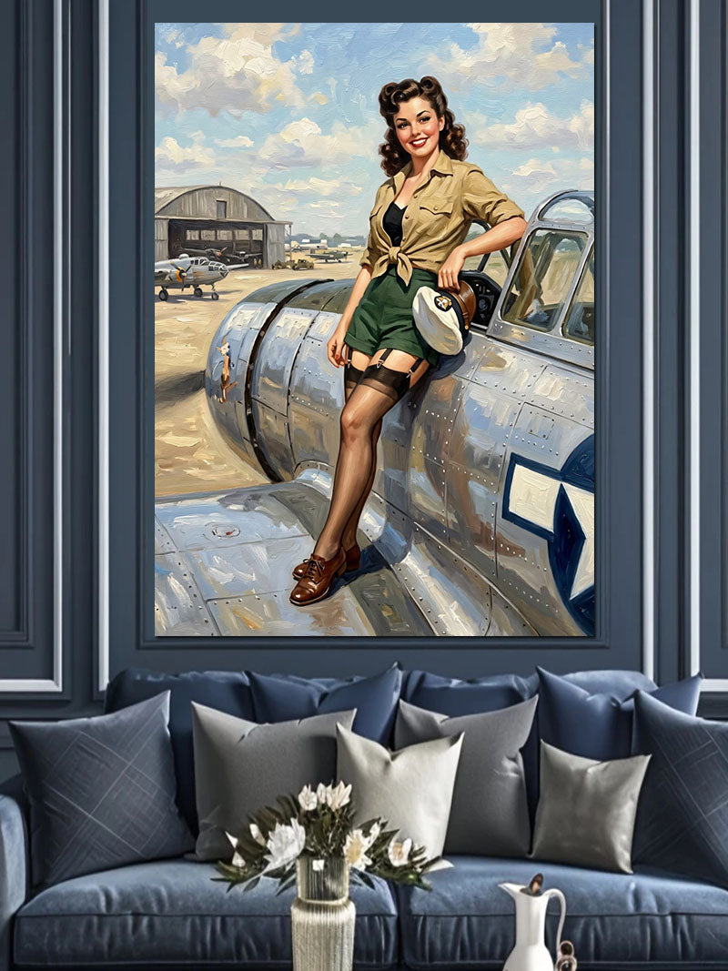 Uçak Yanında Poz Veren Pin-Up Pilot Kanvas Tablo