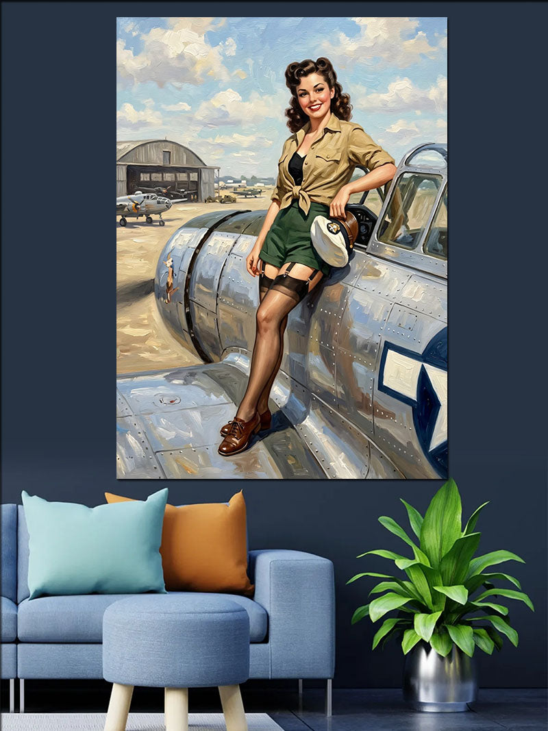 Uçak Yanında Poz Veren Pin-Up Pilot Kanvas Tablo
