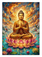 Lotus çiçeği üstünde meditasyon yapan altın Buda dini tablo.