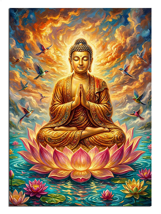 Lotus çiçeği üstünde meditasyon yapan altın Buda dini tablo.
