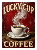 Lucky Cup Coffee yazılı buharlı kahve fincanı vintage poster tablo.