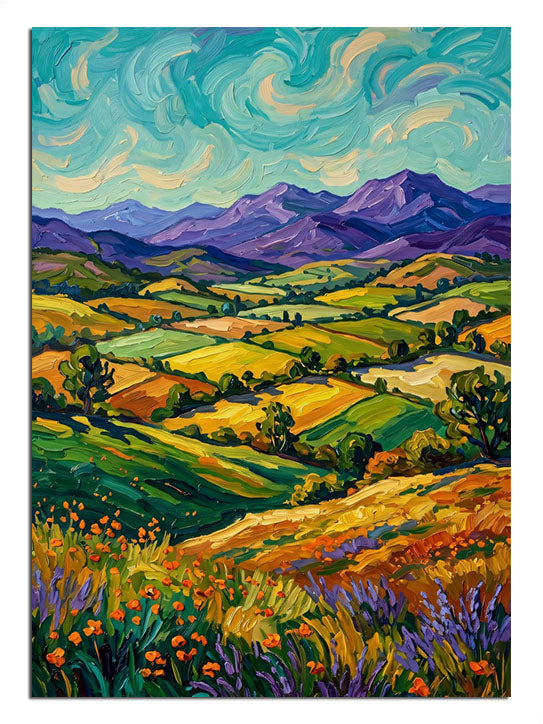 Van Gogh tarzı renkli tarlalar ve mor dağlar manzara tablosu.